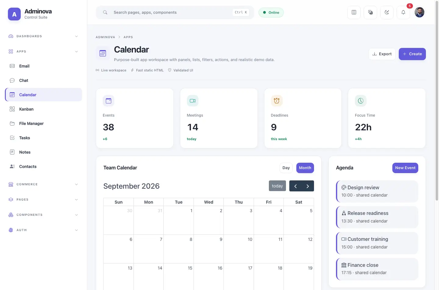 Calendar dashboard screenshot