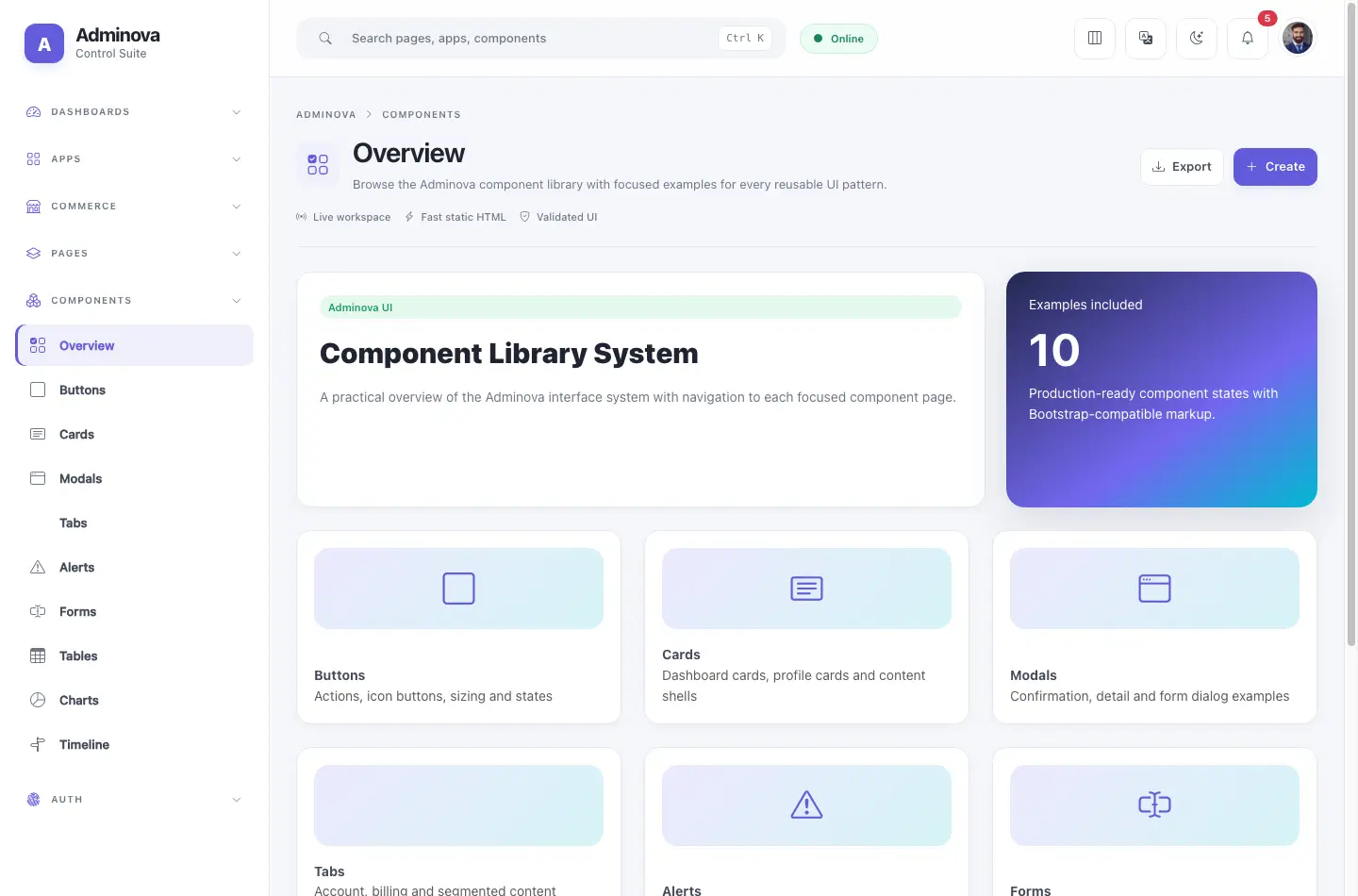 Components dashboard screenshot