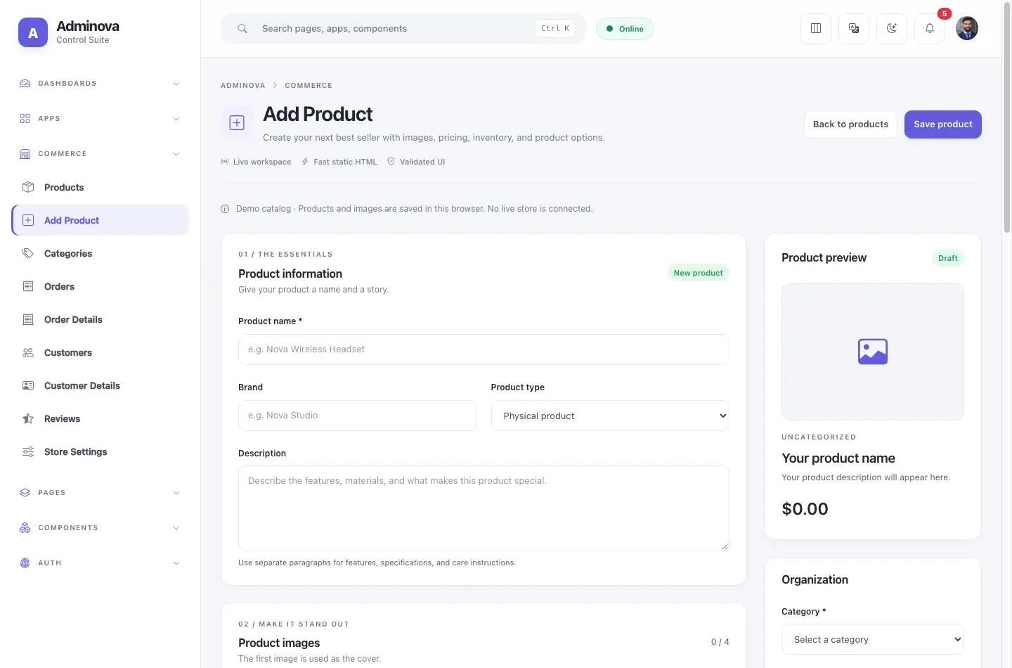 Product editor dashboard screenshot