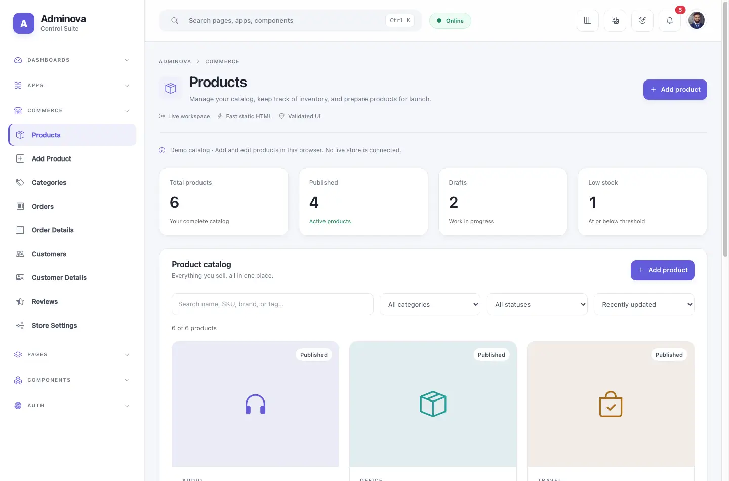 Product catalog dashboard screenshot